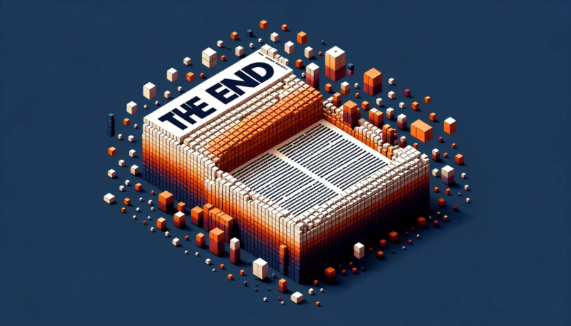 Wide illustration capturing a grid of 3D blocks that symbolise an article. The words 'the end' are clearly visible on the article. The blocks boast a burnt orange hue (#D97706) and a contrasting light shade, set against a navy (#383850) backdrop. Various blocks of multiple sizes float above the matrix, adding to the depth and dimension. The combined aesthetic feels like a harmonious blend of voxel art with a modern flair of digital abstraction.