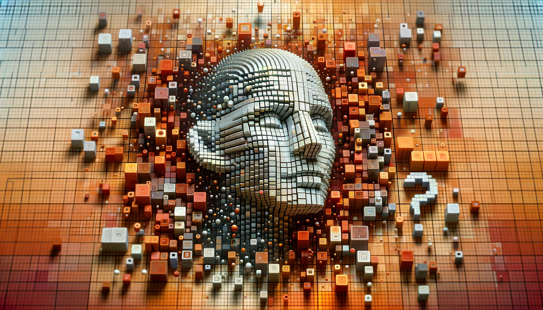 "Wide illustration representing an article about the ethics of AI in content creation. The image features a 3D block matrix, with blocks coloured in burnt orange (#D97706) and lighter tones forming a grid pattern on a #383850 background. Various-sized blocks float above the matrix to give a sense of depth and dimension, echoing voxel art and digital abstraction. Integrate subtle visual elements that suggest AI and human collaboration, such as a faint silhouette of a human head merged with digital patterns or a question mark symbol representing the theme of authorship and creativity in AI. The composition should be dynamic yet maintain the futuristic and abstract aesthetic of the previous images in the series."