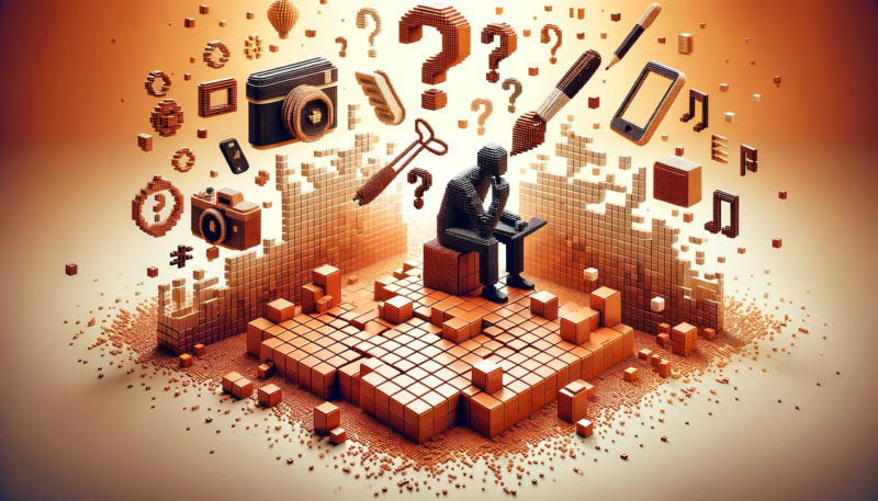 "Wide illustration for an article section discussing the ethics of AI tools in creative industries. The scene features the same 3D block matrix with blocks in burnt orange (#D97706) and lighter tones forming a grid on a #383850 background, representing the accessible technology. Depict icons or silhouettes of a camera, paintbrush, and musical notes blending into the matrix to symbolise various creative sectors. Add a silhouette of a person in contemplation, with question marks around them to reflect the debate on AI's role in creativity. The image should echo the complexity of the discussion, the ease of AI tool use, and the impact on copyright, while maintaining the voxel art and digital abstraction style of the previous images."